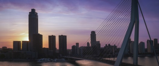 Panoramic view of Erasmus Erasmusbrug bridge in Rotterdam. Financial business district skyline