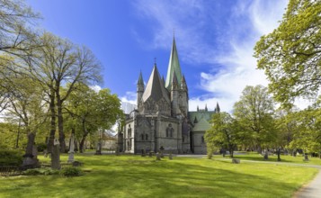 Norway, Trondheim town. Nidaros Cathedral in historic city center