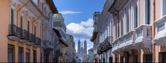 Old Town in Quito, Ecuador. Colonial colorful scenic historic city center streets