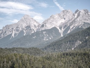 View of Sonnenspitze near Ehrwald in Tyrol, Austria, from south-west from Blindsee in Biberwier,