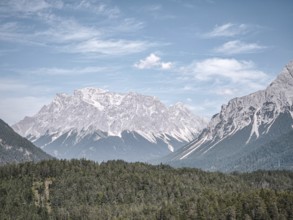 View of the Zugspitze massif in the Wetterstein Mountains of the Alps in Germany and Austria from