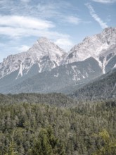 View of Sonnenspitze near Ehrwald in Tyrol, Austria, from south-west from Blindsee in Biberwier,