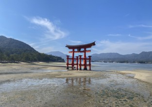 Japan, Miyajima, or Itsukushima, a semirural island with an iconic floating shrine with a giant red