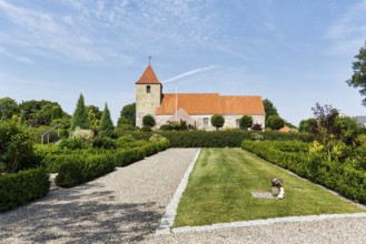 Vebbestrup Kirke, rural church, Romanesque village church, red tile roof, stone tower, cemetery,