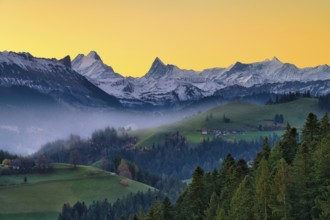 View of snow-covered Bernese Alps with Schreckhorn and Finsteraarhorn at dawn, Langnau im Emmental,