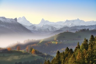 View of snow-covered Bernese Alps with Schreckhorn and Finsteraarhorn at sunrise, Langnau im