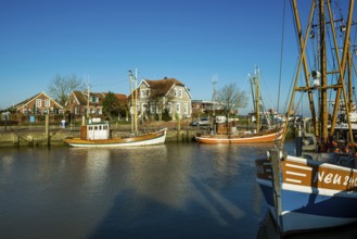 Harbour and blue sky in winter, Carolinensiel, Wittmund, East Frisia, Lower Saxony, Germany