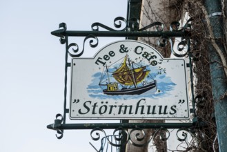 Sign of a tea house, Carolinensiel, Wittmund, East Frisia, Lower Saxony, Germany
