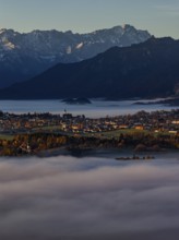City, church, mountains, sunny, morning light, autumn, autumn color, fog, aerial view, Murnau,