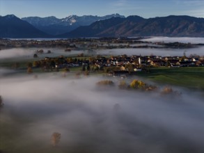 Village, mountains, sunny, morning light, autumn color, fog, aerial view, Hofheim, view of