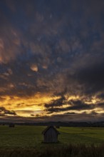 Morning red, morning mood, cloud atmosphere, hut, mountains, clouds, fog, dark, foothills of the