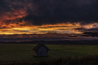 Morning red, morning mood, cloud atmosphere, hut, mountains, clouds, fog, dark, foothills of the