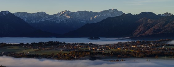 City, church, mountains, sunny, morning light, autumn, autumn color, fog, aerial view, panorama,