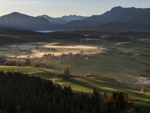 Village, mountains, sunny, morning light, autumn, autumn color, fog, aerial view, back light,
