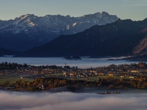 City, church, mountains, sunny, morning light, autumn, autumn color, fog, aerial view, Murnau,