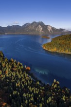 Mountain lake, mountains, sunny, morning light, autumn, autumn color, forest, aerial view,