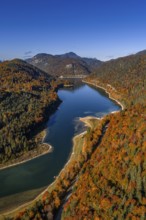 Mountain lake, mountains, sunny, morning light, autumn, autumn color, forest, aerial view,