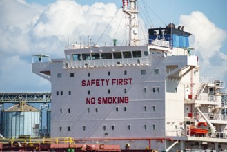 Ship marked Safety First No Smoking, Vancouver Harbor, Vancouver, Canada