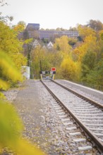 Railway tracks in autumn with yellow trees and hills, ZOB Calw, Hermann Hessebahn, Calw, Germany