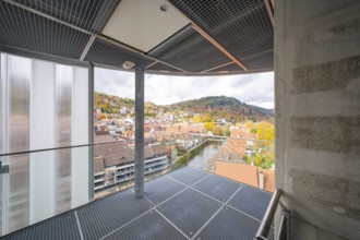 Viewing area with view of autumnal town and hills, ZOB Calw, Hermann Hessebahn, Calw, Germany
