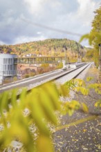 Railway line along autumnal mountain landscape with modern architecture, ZOB Calw, Hermann