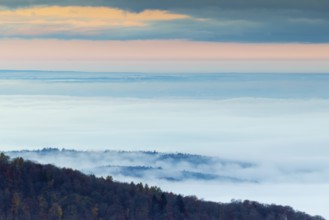 Inversion weather, fog, sunrise, autumn, view from Breitenstein in Mischwald, Ochsenwang, Swabian