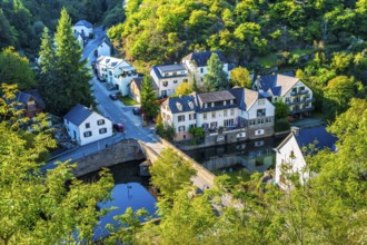 Esch-Sur-Sure, aerial view, old historical city, hilly mountains of the Ardennes, Kanton Wiltz,