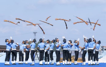 Indian Air Force personnel perform a bayonet drill demonstration as part of the 93rd Air Force Day