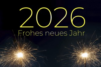 New Year's Eve greetings 2026: greeting card with sparklers against a dark blue background and the