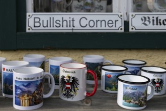 Souvenirs for tourists, detail, cups, Hallstatt, Upper Austria, Salzkammergut, Austria. 29.10.2025