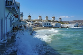 Mykonos, Cyclades, Greece - The six sixteenth-century windmills, lined up on a hill above Mykonos