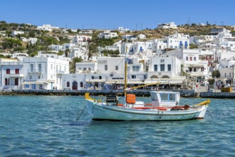 Mykonos, Cyclades, Greece - fishing boats are moored in the old port of Mykonos Town, Mykonos Chora