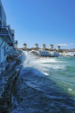 Mykonos, Cyclades, Greece - The six sixteenth-century windmills, lined up on a hill above Mykonos