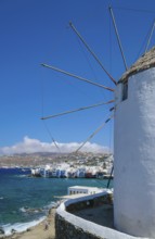 Mykonos, Cyclades, Greece - The six sixteenth-century windmills, lined up on a hill above Mykonos