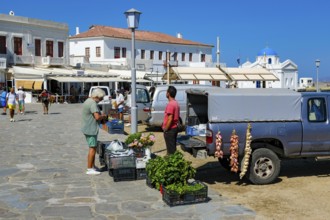 Mykonos, Cyclades, Greece - Vegetable seller sells vegetables, herbs and flowers directly from his