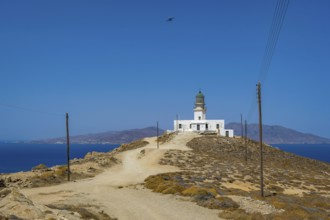 Mykonos, Cyclades, Greece - The Armenistis lighthouse in the north of the island is a landmark and