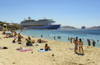 Mykonos, Cyclades, Greece - Voyager of the Seas cruise ship is located in Mykonos Harbour Bay. In