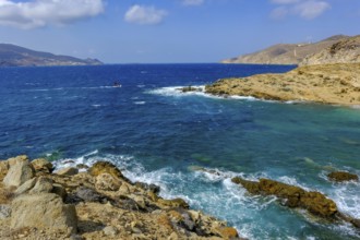 Mykonos, Cyclades, Greece - Ftelia Beach, Ftelia Beach, sandy beach on a windy rocky coast in the