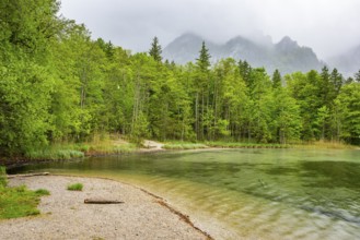 Landscape of Lake Offensee on a rainy day in spring, Salzkammergut, Austria