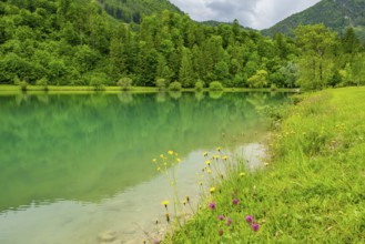 Landscape of Lake Elisabethsee on a rainy day in spring, Austria