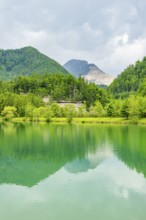 Landscape of Lake Elisabethsee on a rainy day in spring, Austria