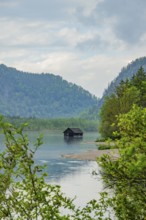 Fishing hut in lake Almsee, Grünau, Almtal, Salzkammergut, Upper Austria, Austria