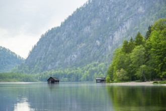 Fishing hut in lake Almsee, Grünau, Almtal, Salzkammergut, Upper Austria, Austria