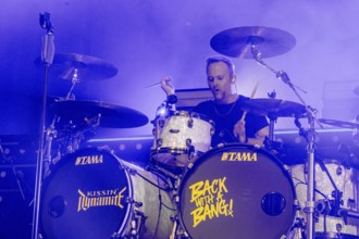 Sebastian Berg, drummer of the band Kissin' Dynamite live on Back with a Bang World Tour at Capitol