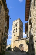 Church tower historic buildings medieval village of Ainsa, Aínsa-Sobrarbe, Huesca province, Aragon,