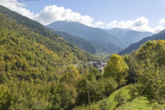 Landscape view over Pyrenees mountain village of Bielsa, Huesca province, Aragon, Spain
