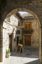 Restaurant historic buildings medieval village of Ainsa, Aínsa-Sobrarbe, Huesca province, Aragon,
