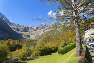 Mountain landscape view Ordesa y Monte Perdido National Park, Bielsa parador, Huesca province,