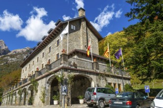 Bielsa Parador hotel building mountain landscape, Ordesa y Monte Perdido National Park, Bielsa,