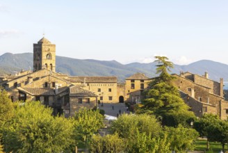 Church tower historic buildings medieval village of Ainsa, Aínsa-Sobrarbe, Huesca province, Aragon,